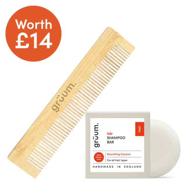 Wood comb and shampoo bar set.
