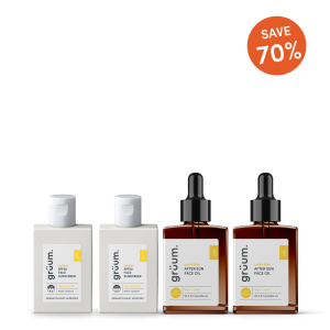 Sunscreen and face oil bottles with discount.