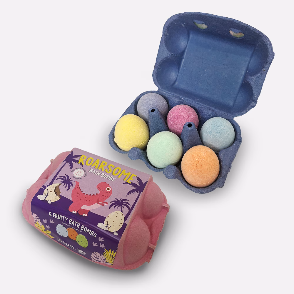 Colorful bath bombs in egg cartons.