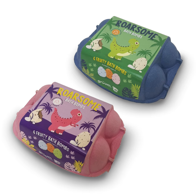 Two dinosaur-themed bath bomb boxes.
