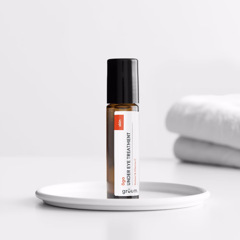 Under eye treatment bottle on tray.