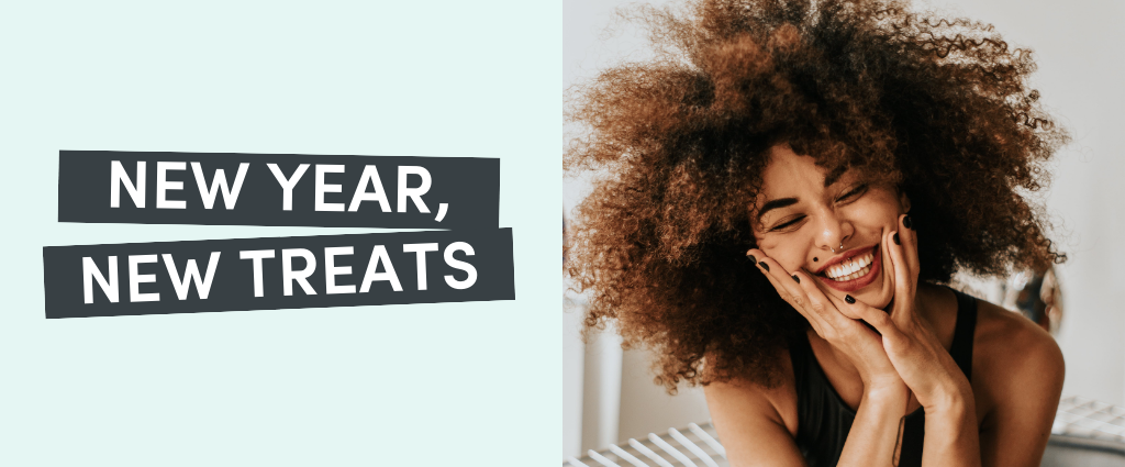 Happy woman smiling, New Year, New Treats