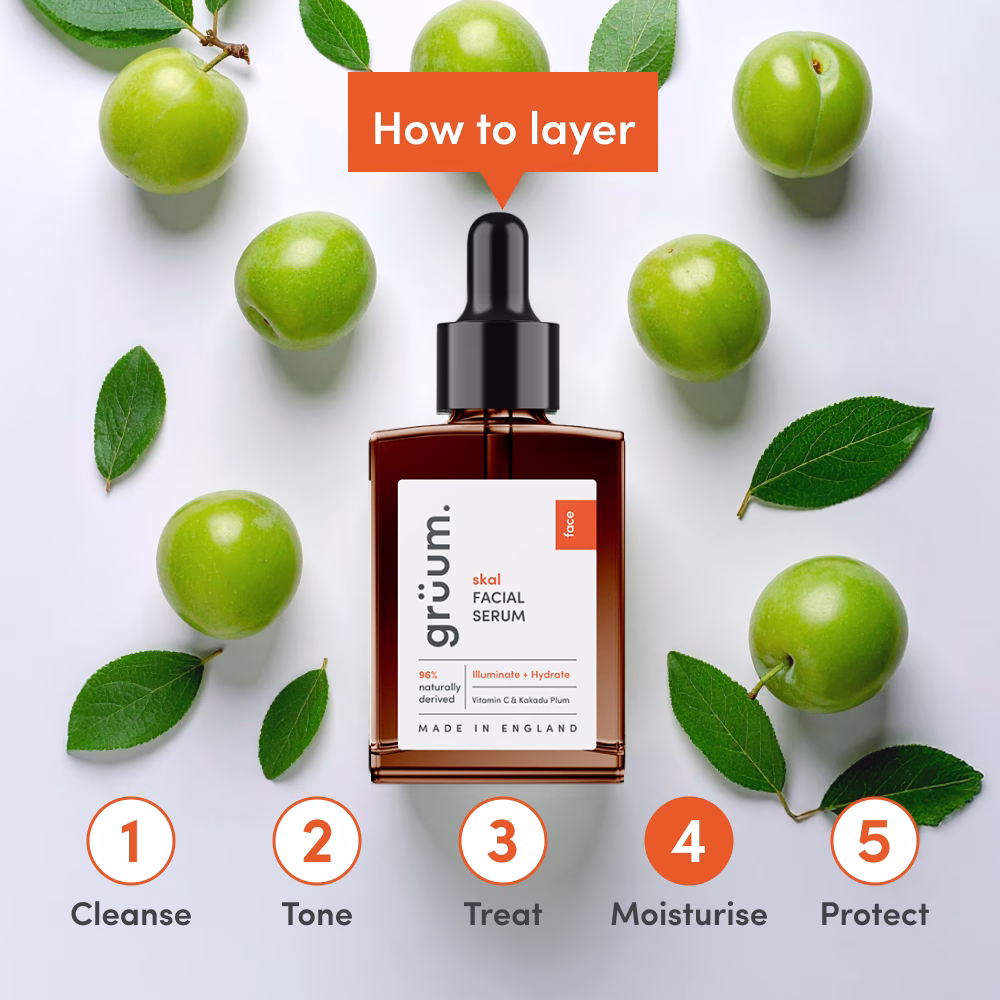 Facial serum with green plums and leaves.