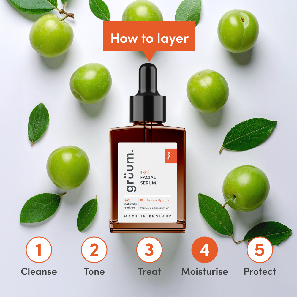 Facial serum with green plums and leaves.