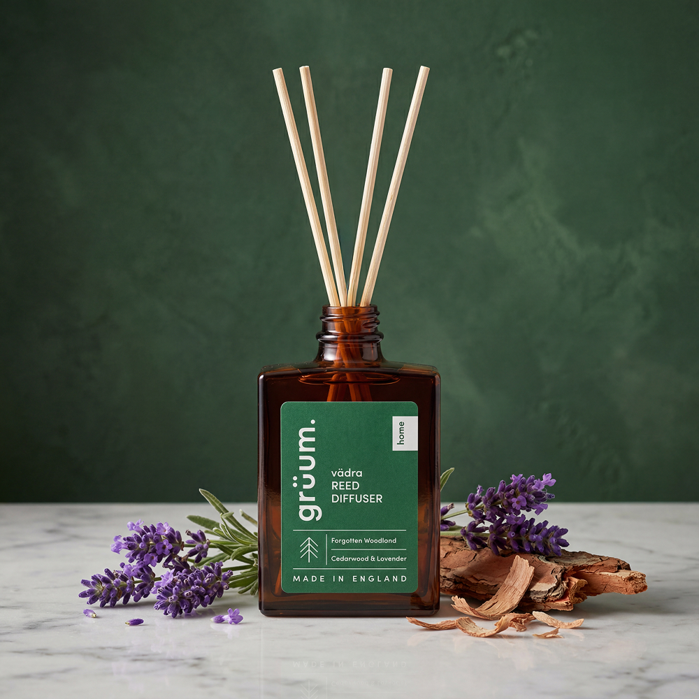 Reed diffuser with lavender and wood pieces.
