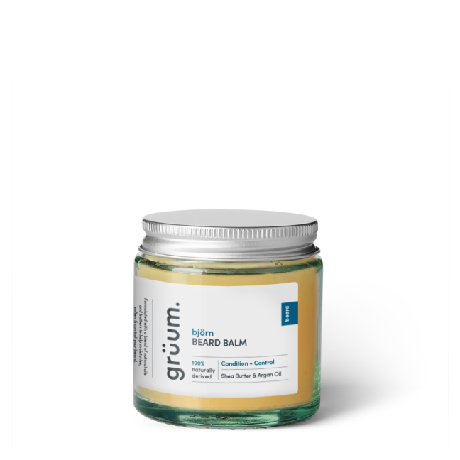 Beard balm jar on white background.