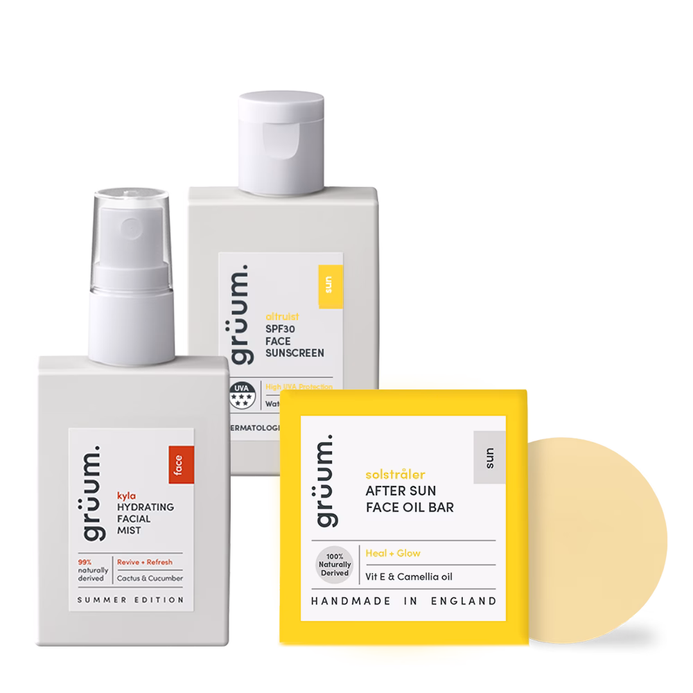 Three grooming products in bottles and box