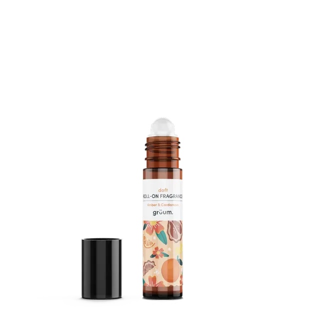 Roll-on fragrance bottle with cap removed.