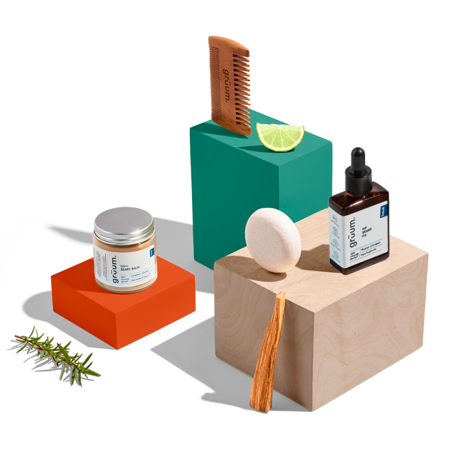 Grooming products on colorful blocks