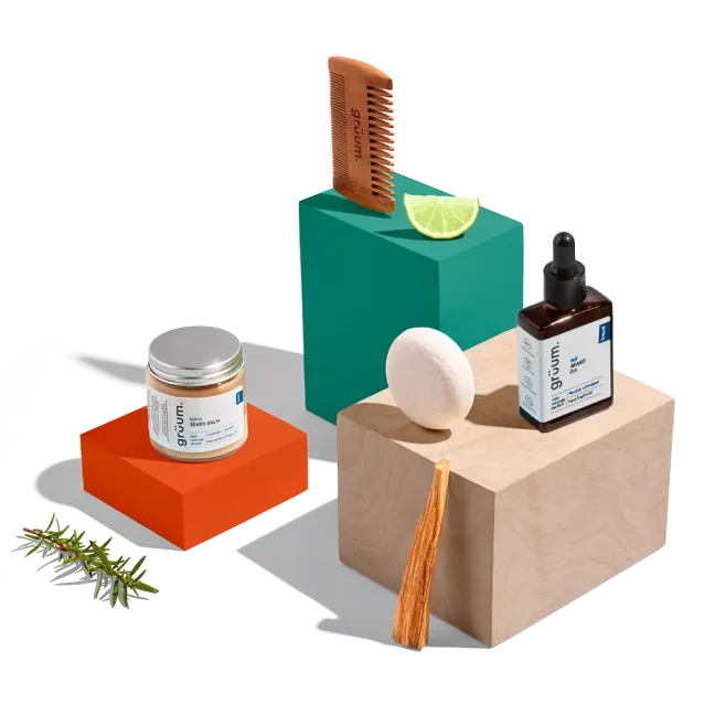 Grooming products on colorful blocks