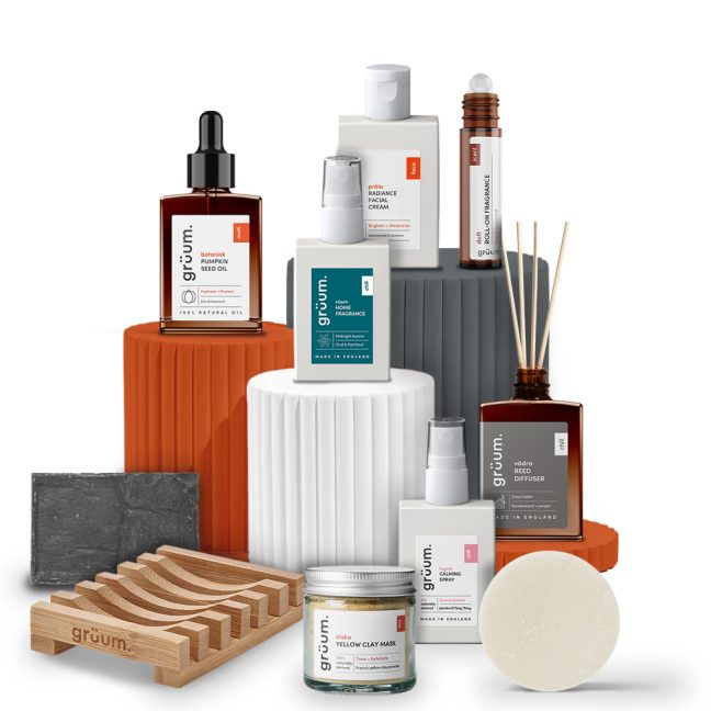 Assorted skincare and fragrance products