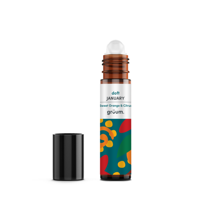 Colorful roll-on bottle with cap.