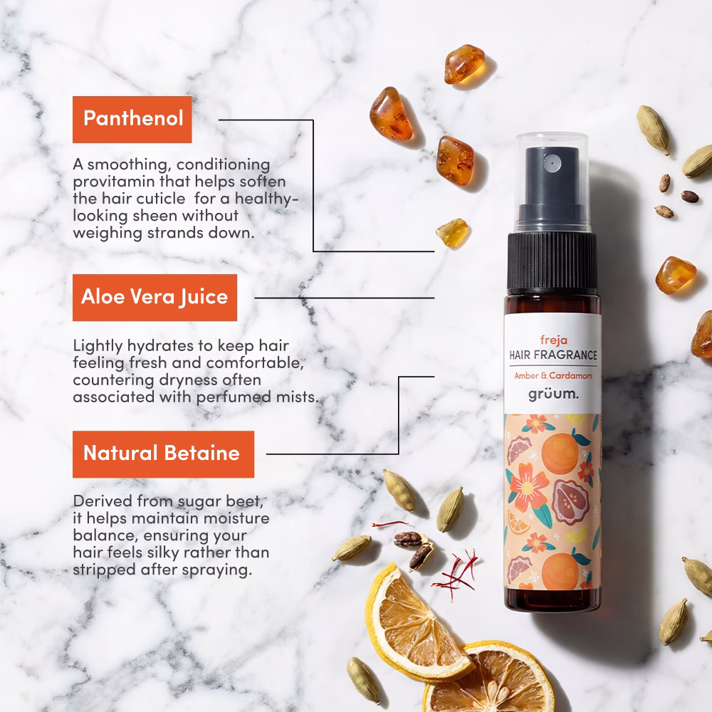 Hair fragrance bottle with ingredients listed.