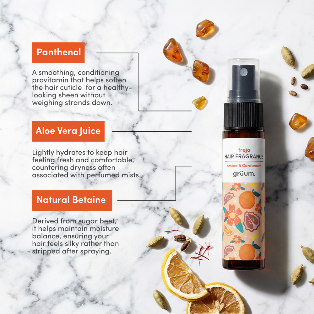 Hair fragrance bottle with ingredients listed.