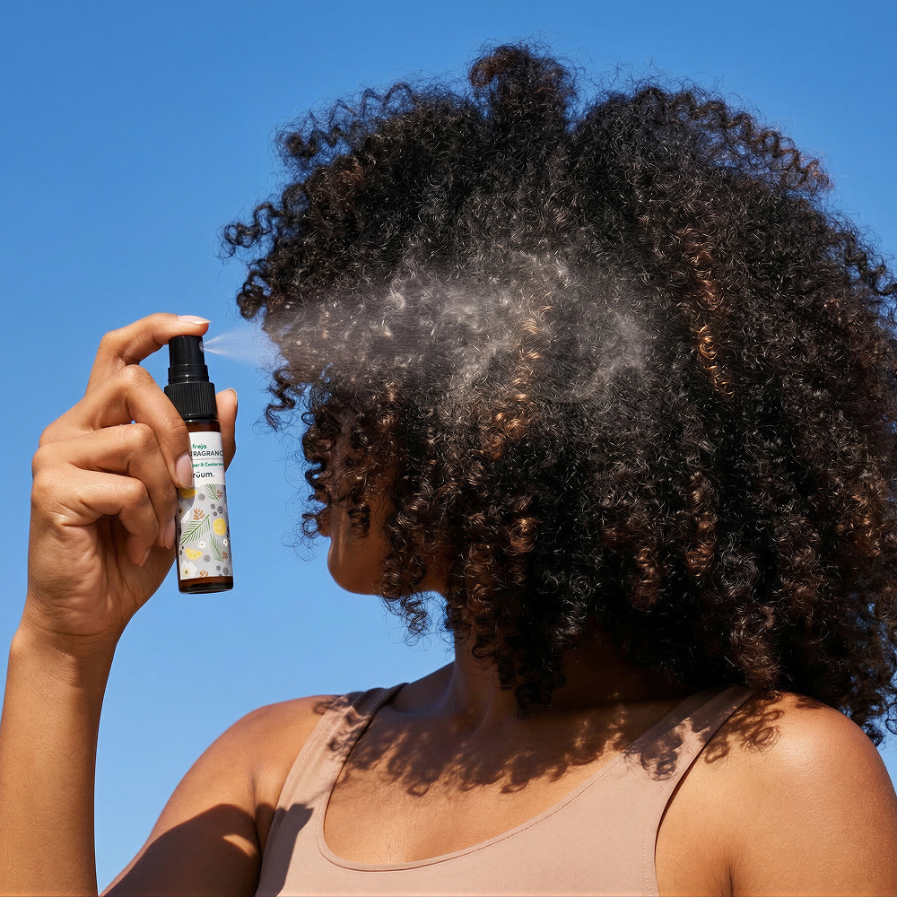 Person spraying curly hair