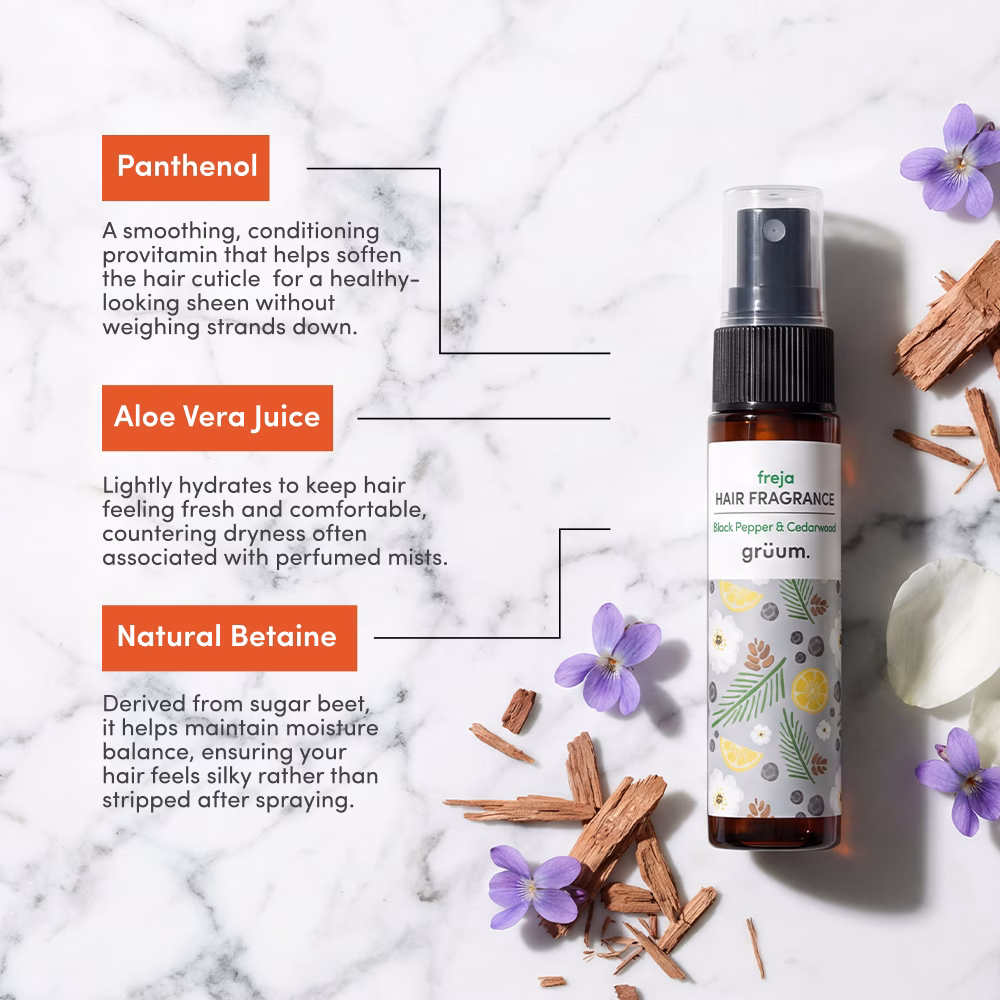 Hair fragrance bottle with ingredients: Panthenol, Aloe Vera, Natural Betaine.