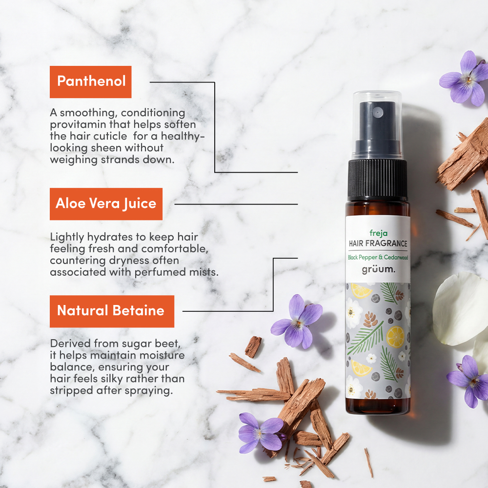 Hair fragrance bottle with ingredients: Panthenol, Aloe Vera, Natural Betaine.