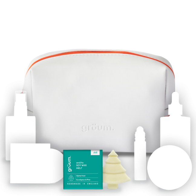 White toiletry bag with various skincare items.