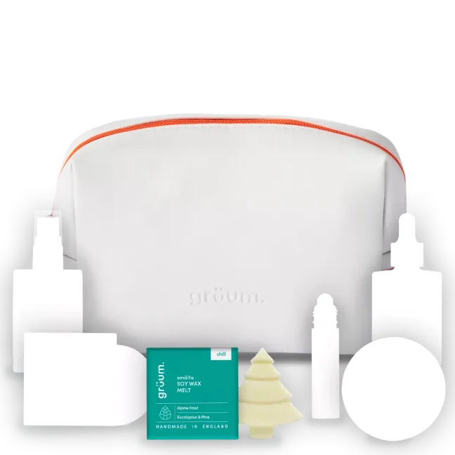White toiletry bag with various skincare items.