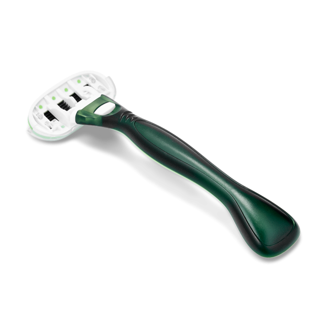 Green handled razor with four blades