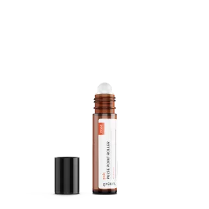 Brown roller bottle with black cap removed.