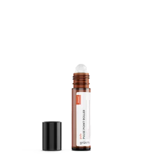 Brown roller bottle with black cap removed.