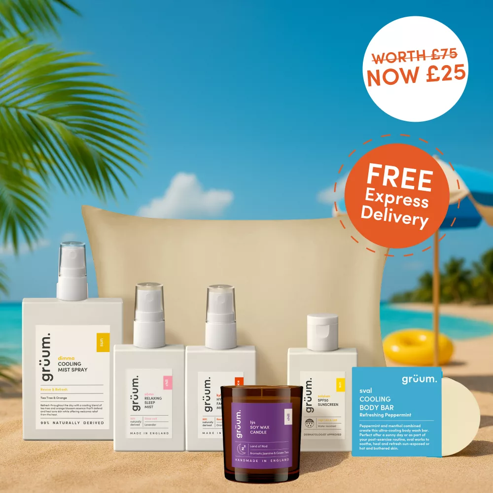 Skincare products on a beach background