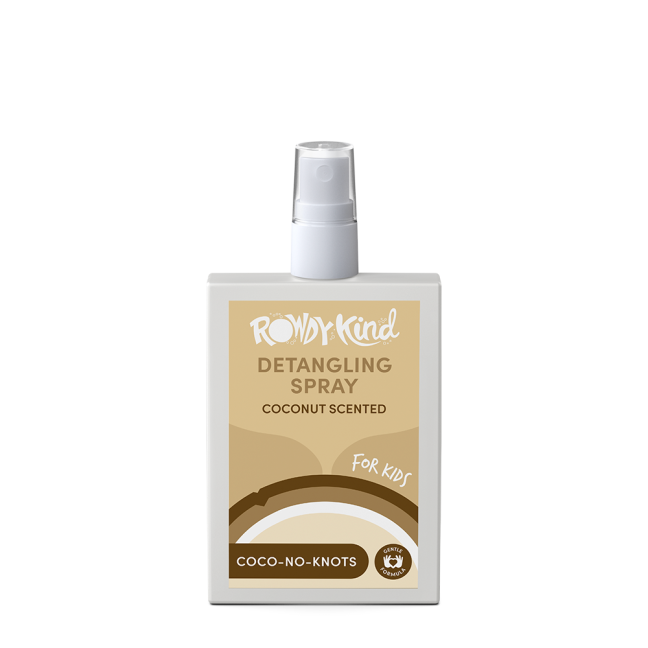 Detangling spray bottle with coconut scent.