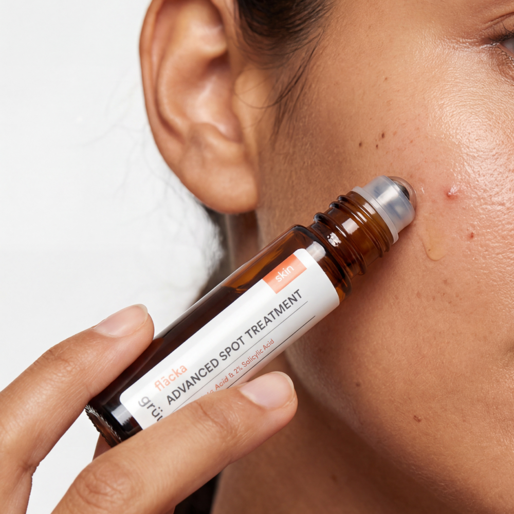 Applying spot treatment to skin blemish.