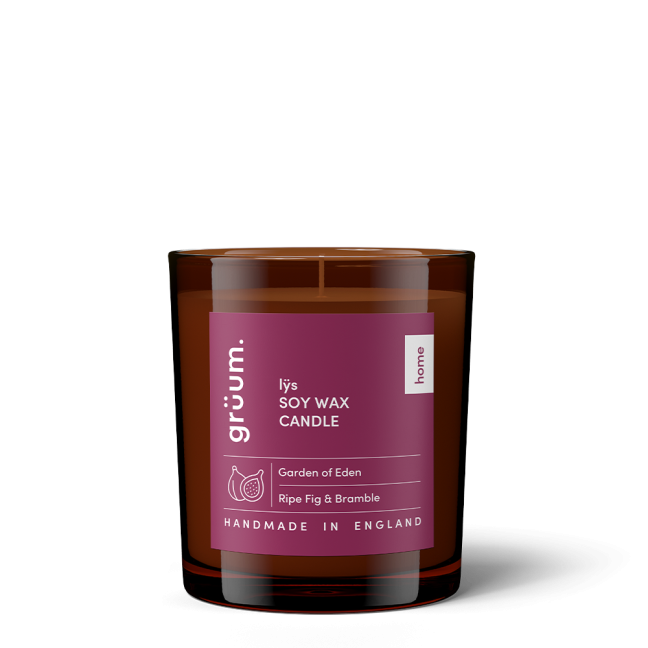 Brown soy wax candle with label