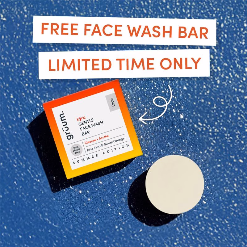 Face wash bar advertisement on blue background.