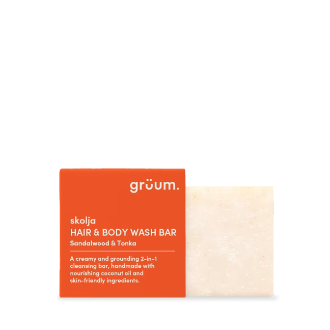 Orange and white packaging of wash bar