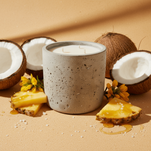 Concrete candle with coconut and pineapple slices.