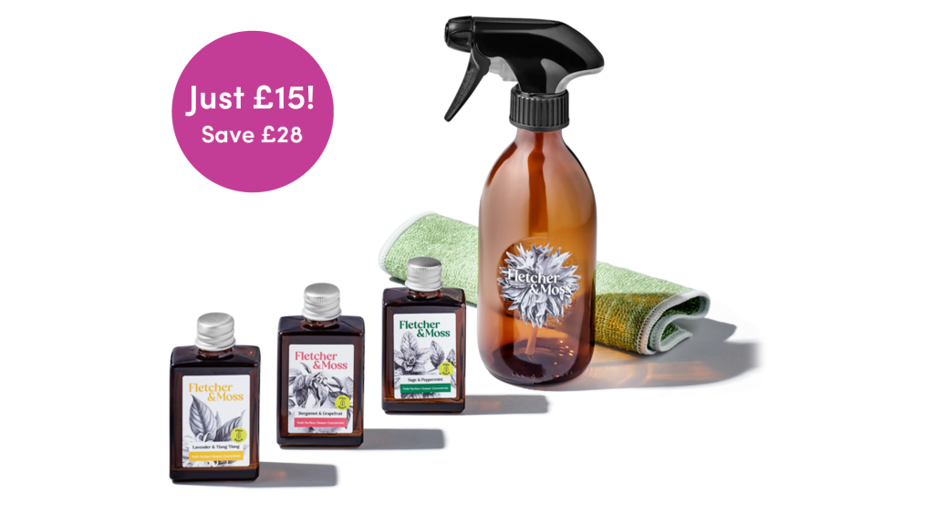 Cleaning products with spray bottle.