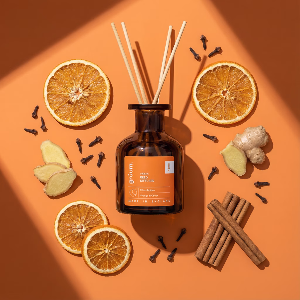 Reed diffuser surrounded by spices and oranges.