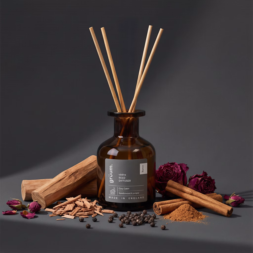 Reed diffuser and aromatic spices displayed.