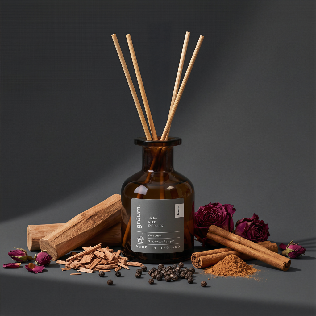 Reed diffuser and aromatic spices displayed.