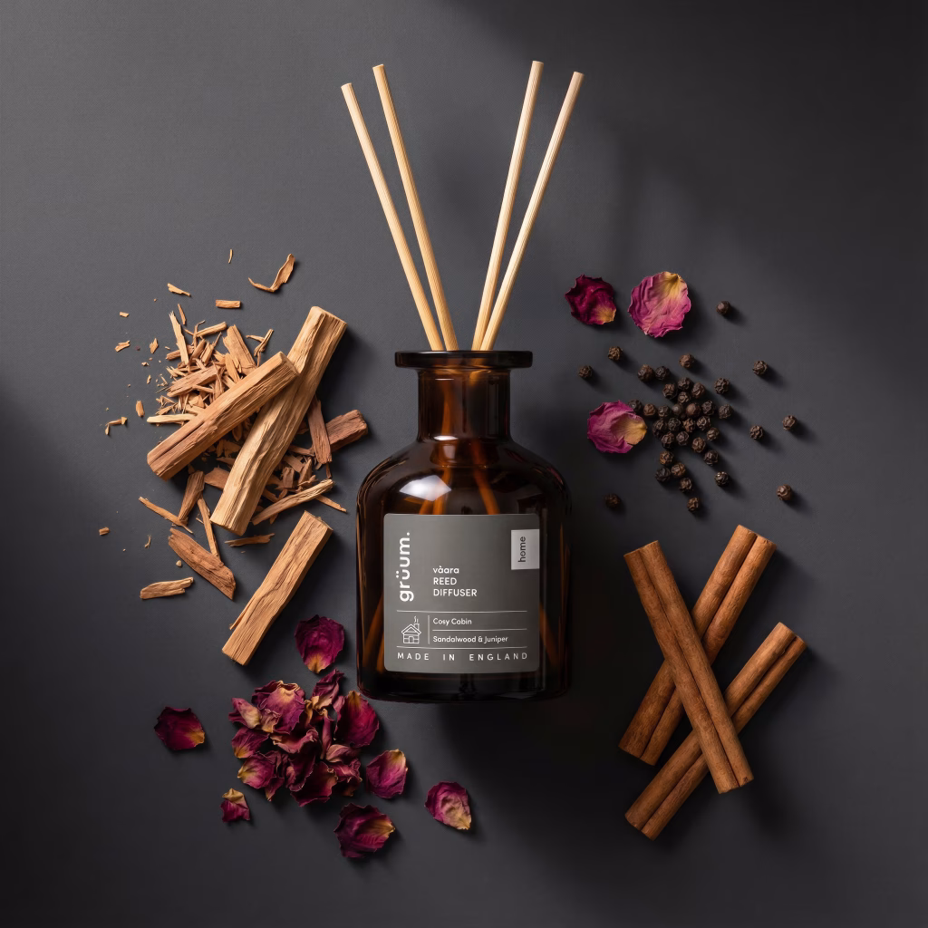 Reed diffuser surrounded by aromatics on dark background.