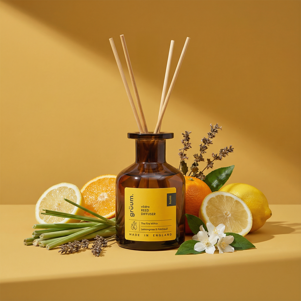 Reed diffuser with citrus fruits and flowers