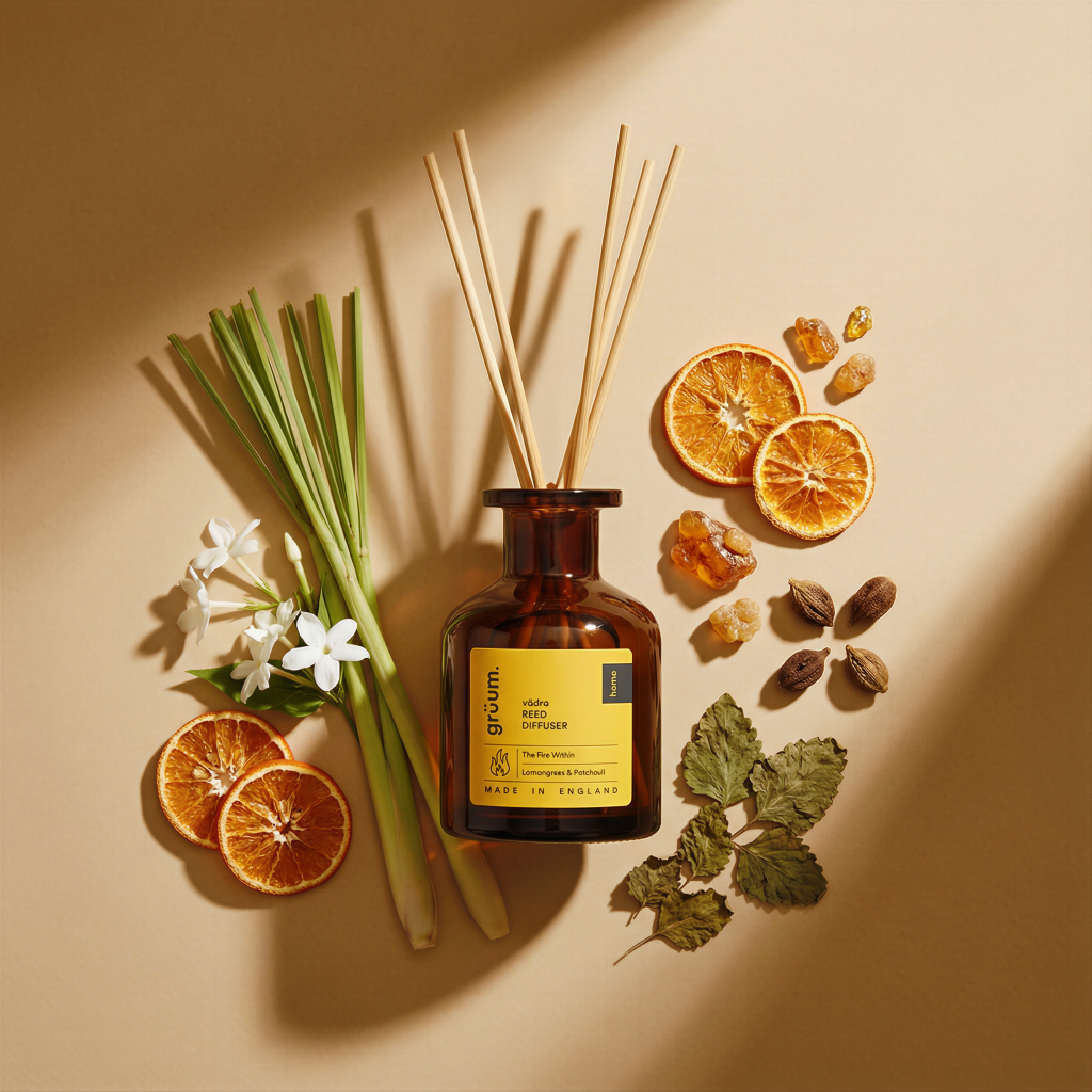Reed diffuser with citrus and herbs.