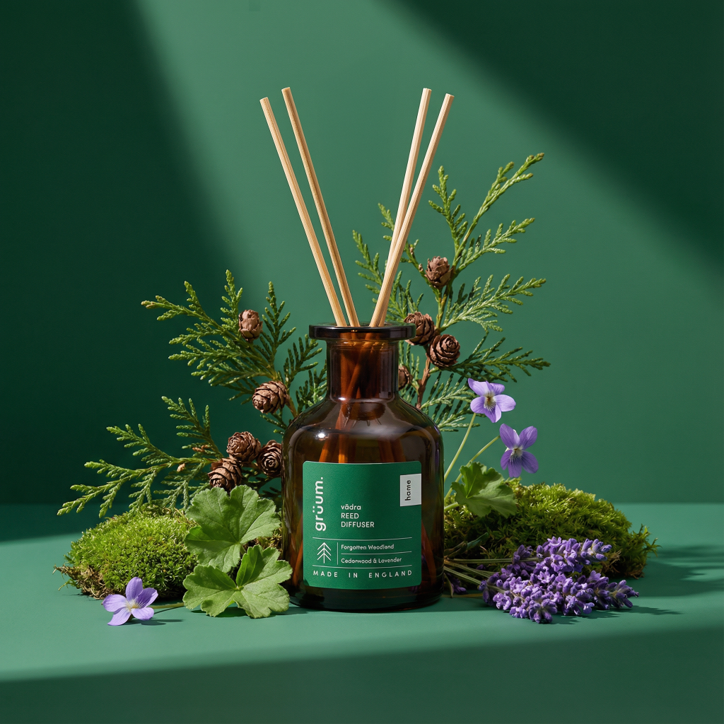 Reed diffuser with plants and flowers.