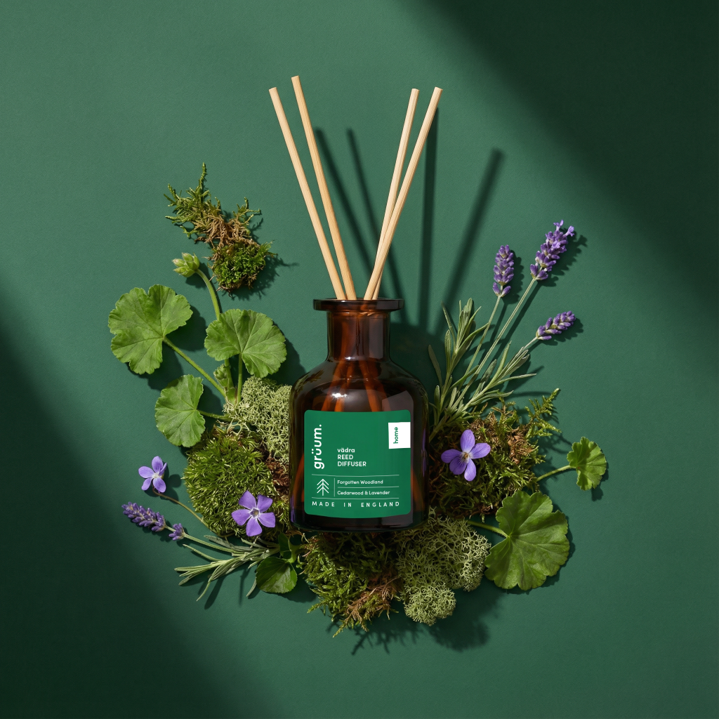 Reed diffuser with flowers and greenery