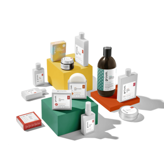 Collection of grooming products on blocks.