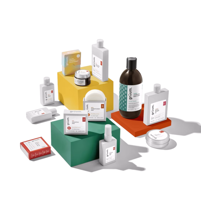 Collection of grooming products on blocks.