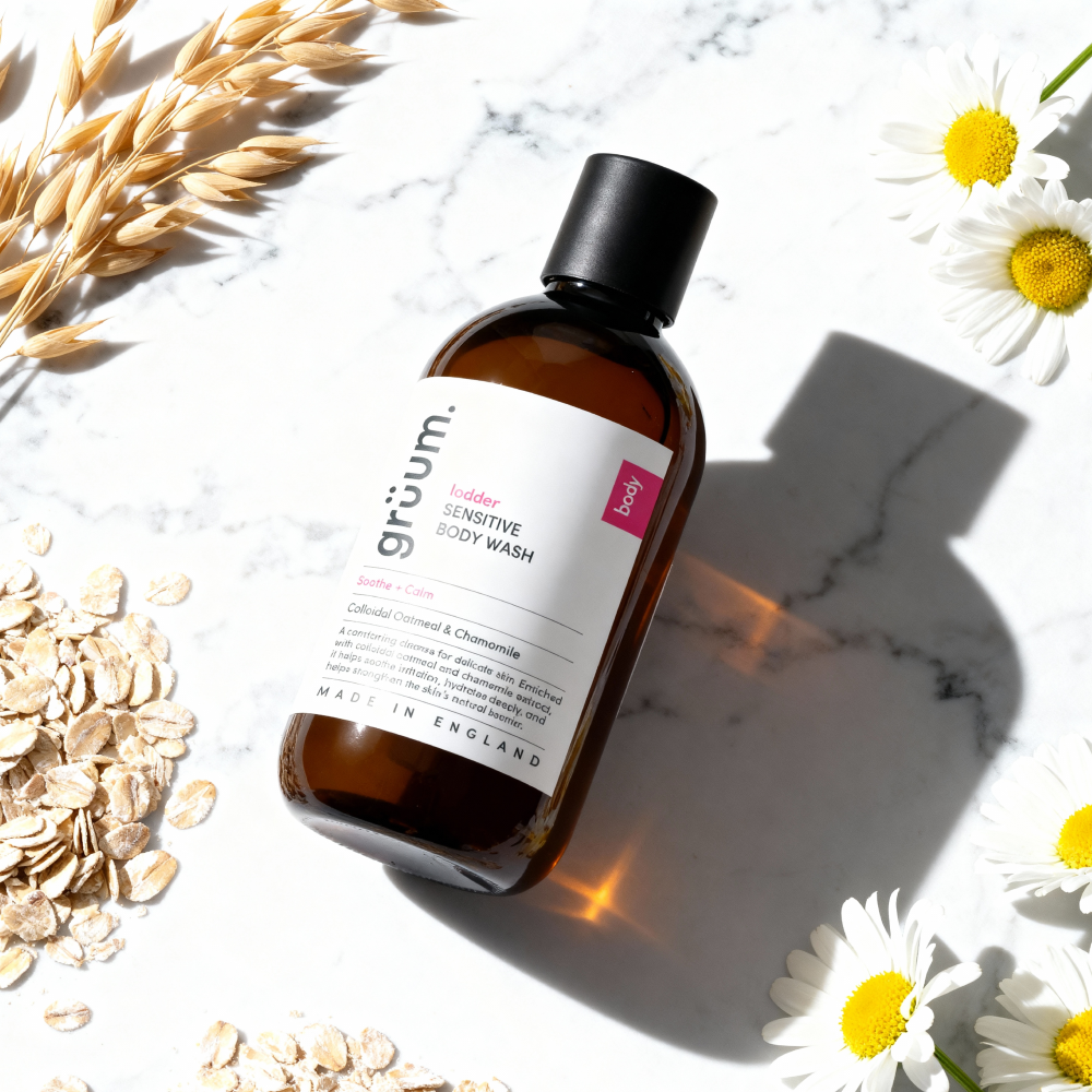 Body wash surrounded by oats and flowers.