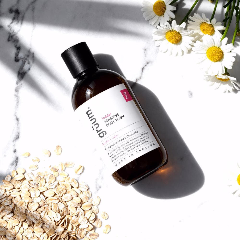 Body wash with oats and daisies.