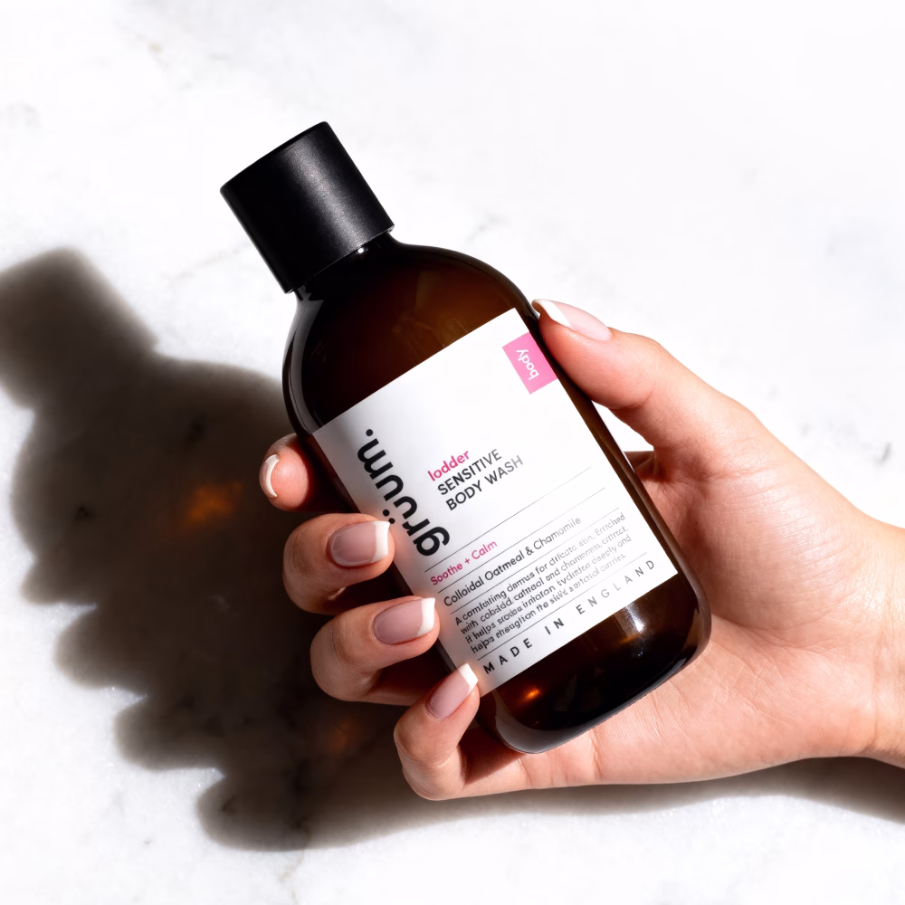 Hand holding body wash bottle.