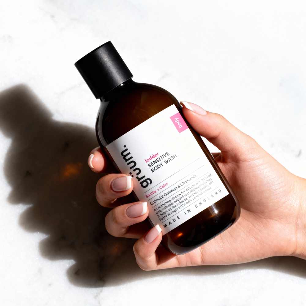 Hand holding body wash bottle.