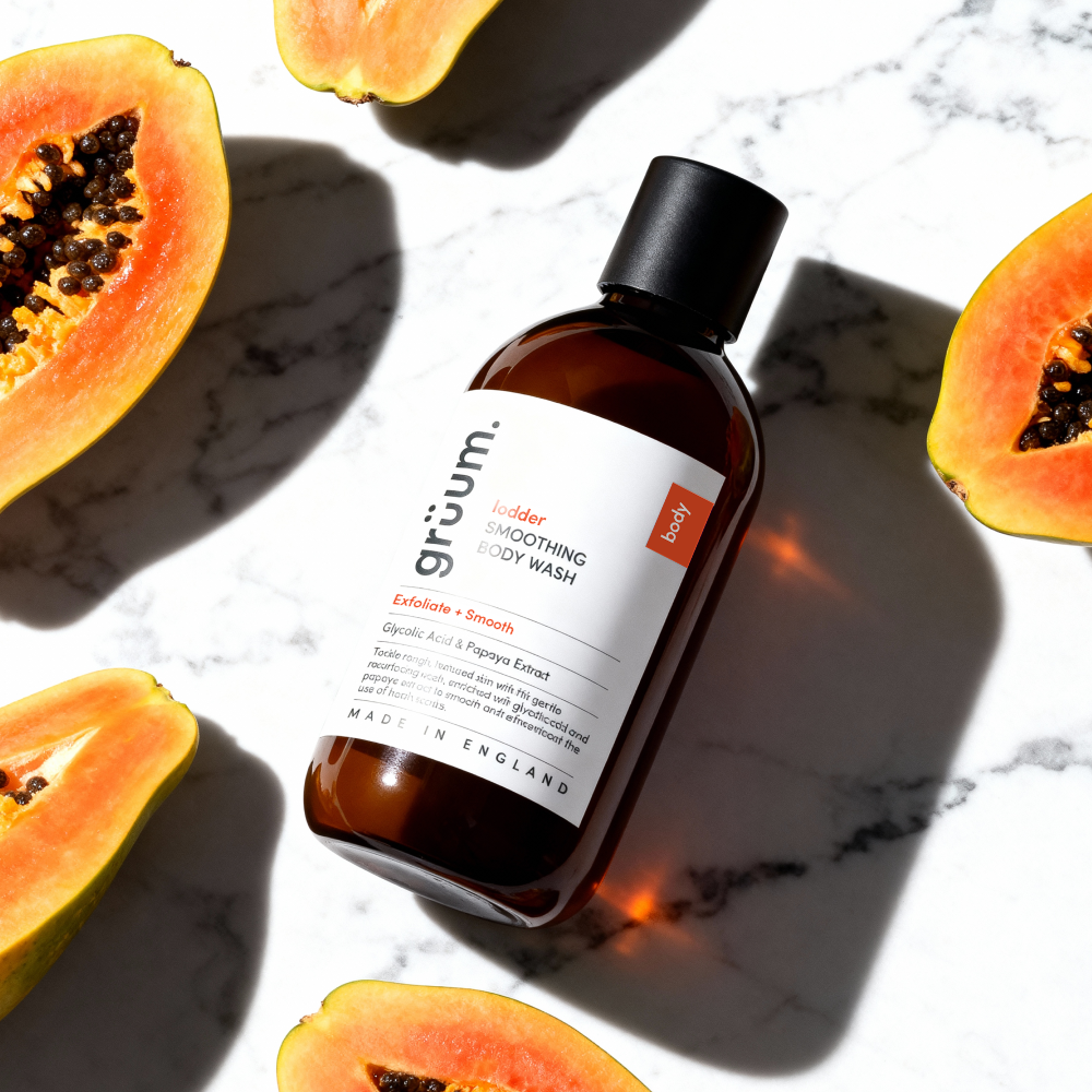 Body wash bottle with papayas