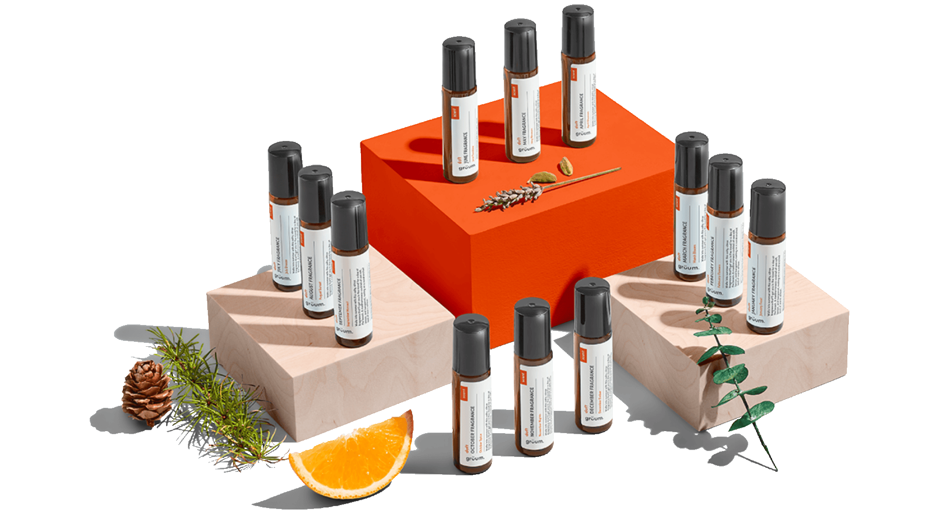 Essential oils with natural elements displayed.